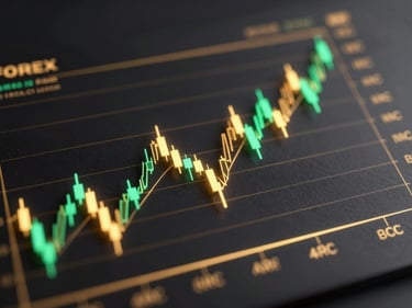 Abstract 3D render of a glowing chart representing Forex currency pairs, dark obsidian background, gold and emerald accents, high-contrast studio lighting.