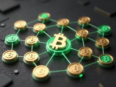 Abstract 3D render of a glowing blockchain network with crypto symbols, dark obsidian background, emerald green accents, high-contrast studio lighting.