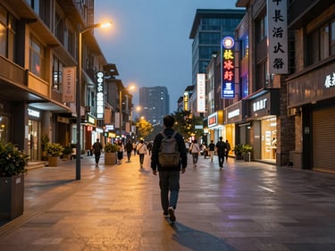 Wide shot of Chengdu's Chunxi Road at dusk, neon signs beginning to glow, a single traveler with a backpack walking away from camera down the wide pedestrian street, warm amber streetlight mixing with fading blue sky