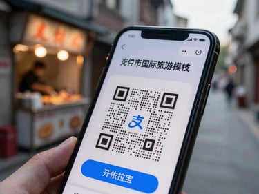 Close-up of a phone screen with Alipay's international tourist mode QR payment screen open, a street food stall visible in the background, early morning Shanghai alley, soft diffused daylight