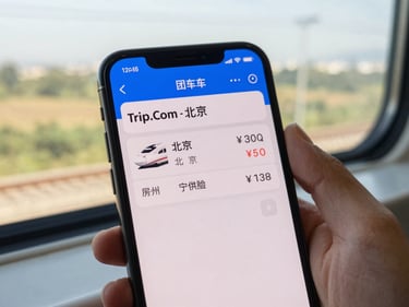 Close-up of a phone screen showing Trip.com train booking interface, a high-speed rail ticket to Beijing displayed, hand resting on a window ledge with blurred countryside passing outside, natural afternoon light