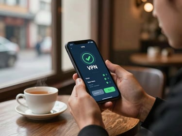 Traveler's hands holding a smartphone showing a VPN connection status screen, sitting at a café table in a Chinese city, a cup of tea beside the phone, warm window light from the left, background gently out of focus
