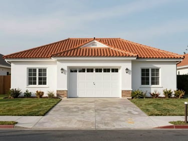 Wide exterior shot of a single-storey house with a small front yard, photographed straight-on in daylight, white render walls with terracotta roof tiles, concrete driveway leading to a single-car garage door, no people
