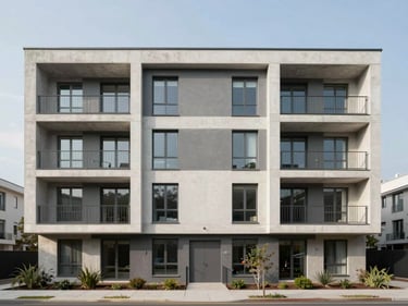 Front facade of a modern apartment block photographed in flat daylight, concrete frame with large windows, ground floor with small garden strip, no signage, no people, neutral sky