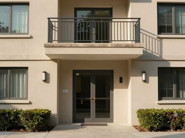 Front elevation of a two-bedroom apartment building entry level, photographed in natural morning light, beige facade, metal-railing balcony visible on upper floor, tidy landscaping at base, no people or cars