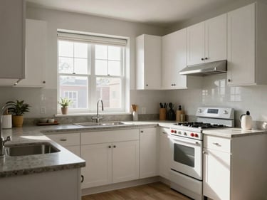 Interior daylight shot of a two-bedroom apartment kitchen, white cabinets, stone countertop, window above the sink with natural light streaming in