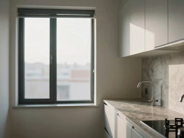 Natural light photo of a studio apartment interior, compact kitchen counter with stone surface to the right, large window on the far wall flooding the room
