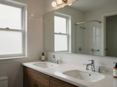 Wide daylight photograph of a bathroom with large mirror, double sink vanity, natural light entering from a frosted side window, no people, clean surfaces