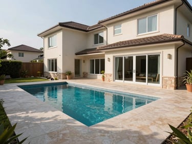 Wide daylight photograph of a four-bedroom house backyard showing a rectangular pool, tiled deck surround, and rear facade with sliding glass doors