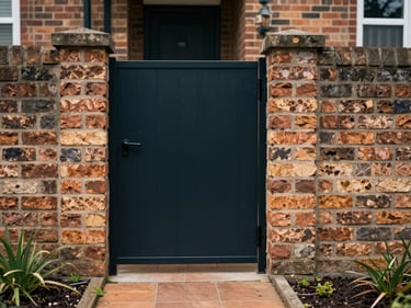 Ground-level shot of a house side entrance with a narrow tiled path leading to a side gate, natural daylight, brick wall on one side, small garden bed along the path, no people