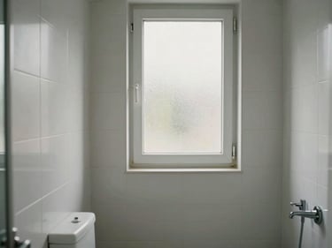 Daylight photo of a compact apartment bathroom, white tiles, frosted window admitting soft natural light, clean fixtures visible