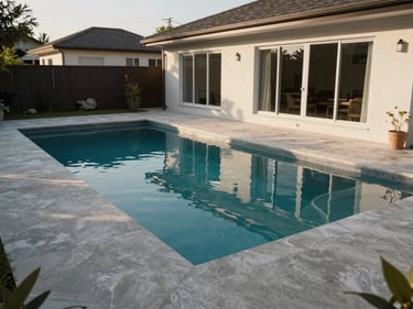 Ground-level shot of a residential house with a private pool visible in the backyard, photographed in afternoon natural light, clear water reflecting pool walls, surrounding deck in concrete, no people, no furniture styling