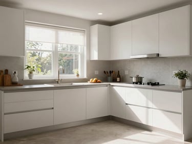 Wide interior shot of a modern kitchen with white cabinets and stone countertop under natural window light, no people, no food styling, ceramic tile floor visible