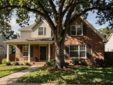 Wide shot of a house front elevation in daylight, brick finish, covered porch to the left, mature tree in the front yard