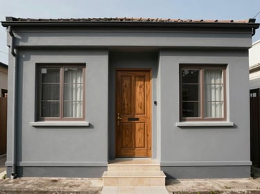 Straight-on daylight photograph of a compact terraced house facade, painted grey with a wooden front door, small tiled porch step, no people, clear sky overhead, neutral street context visible at edges