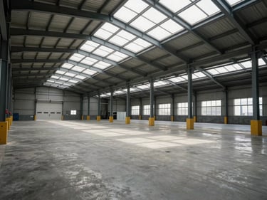 Wide interior shot of a high-clearance logistics warehouse, natural light flooding through clerestory windows, clean concrete floor, structural steel bays receding into depth, no people