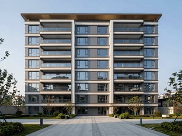Wide daylight shot of a contemporary residential development facade, clean lines, floor-to-ceiling glazing, landscaped approach, morning light casting soft shadows across the elevation