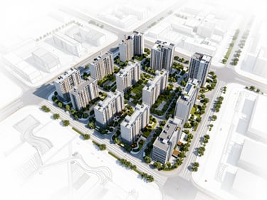 Overhead architectural rendering of a master-planned development site, clean site plan, daylight studio lighting, precise linework on a white ground, no people