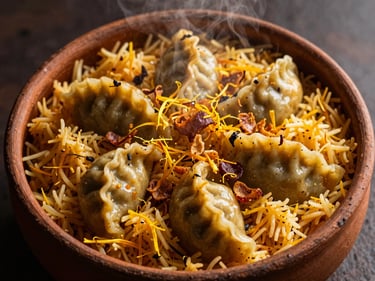 Overhead shot of authentic clay pot dum biryani, steam rising, garnished with saffron and fried onions, warm editorial lighting