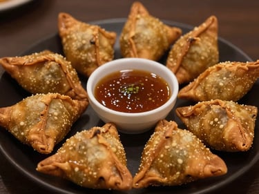 Golden-brown crisp samosas arranged on a dark plate with tamarind dipping sauce, warm editorial food photography