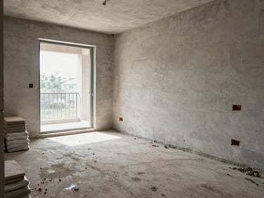 Wide shot of a residential interior stripped to bare masonry walls and raw floor slabs, natural light from a glassless window opening, stacked tiles and bagged mortar visible to one side, dust particles catching the light