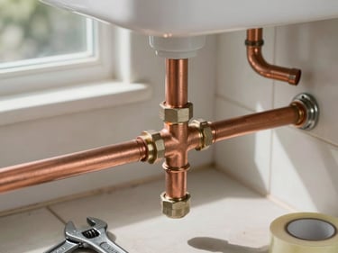 Detail close-up of a plumber connecting copper pipes under a sink cabinet, natural window light illuminating the joint fittings, wrenches and sealing tape visible on the floor, clean tile work in the background