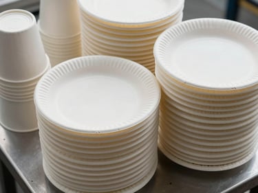 Tightly framed overhead shot of stacked finished paper plates and dona cups on a factory packing table, natural overcast daylight, product cross-section visible at the edge of one stack showing material thickness