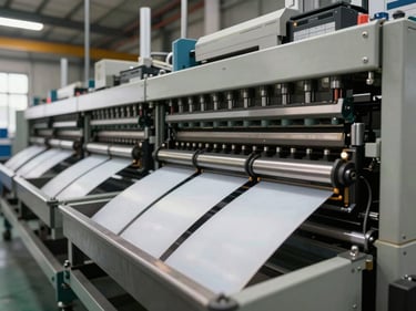Fully automatic plate-making production line photographed from a low wide angle, multiple press stations in sequence, finished plates ejecting into a collection tray, factory daylight overhead, no operators in frame
