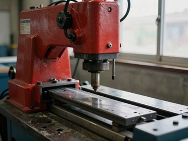 Close-up of a hydraulic manual plate-making machine on a factory floor, the red hydraulic press arm prominent in the center, natural daylight from a side window, die visible in the lower press bed, concrete floor below