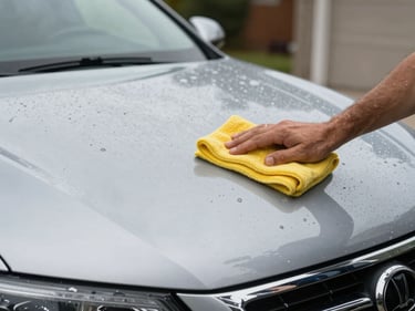 Close-up of a technician's hand buffing a clean rinse across the hood of a silver vehicle in a driveway, overcast daylight, water sheeting cleanly off the paint, yellow microfiber cloth in motion