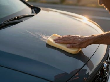 Close-up overhead of a technician's hand applying a wax-soaked foam applicator pad to the roof panel of a dark blue sedan, early morning golden light low on the horizon, the pad leaving a thin haze trail on the paint