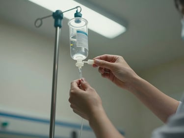 Close detail of a nurse's hands adjusting an IV drip line, clinical fluorescent light from above, hospital bed rail visible at frame edge, sharp documentary focus