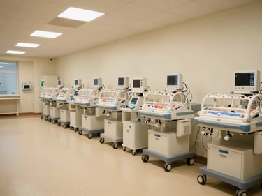 Wide-angle view of a neonatal intensive care unit, rows of incubators under soft clinical lighting, monitoring equipment visible, no patients shown, facility at rest