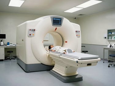 Wide environmental shot of a radiology suite, large MRI machine centered in the frame under institutional lighting, no people, facility at operational rest