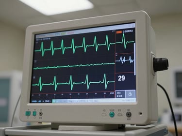 Close detail of a cardiac monitor screen showing live ECG waveform, green trace on dark display, clinical overhead light, equipment in active-ready state