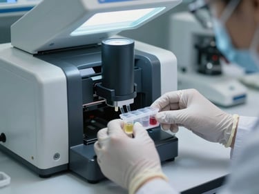 Close detail of a laboratory technician's gloved hands loading specimen vials into an automated analyzer, clinical fluorescent overhead light, white lab bench surface