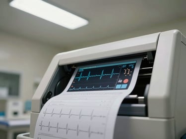 Close detail of fetal heart rate monitor printout paper emerging from a machine in a labor and delivery room, overhead fluorescent light, equipment staged-ready