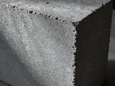 Close-up of a split-face concrete block showing rough textured exposed surface, cool strobe lighting highlighting aggregate detail and shadow depth