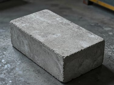 Close-up overhead shot of a single standard gray concrete block on a factory floor, block surface texture clearly visible under cool studio strobe lighting