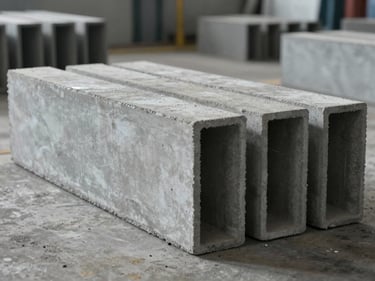 Wide shot of several bond beam concrete blocks laid in a row on a factory floor, U-shaped channel visible, cool industrial lighting from above