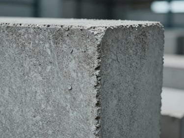 Extreme close-up of a corner concrete block showing the L-shaped profile, cool overcast factory lighting, rough aggregate texture on the face