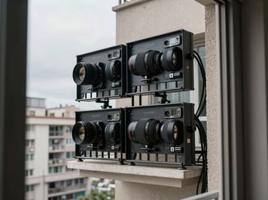 Balcony power station two-panel setup mounted on apartment balcony railing, urban building facade behind, overcast daylight, cables routed neatly through balcony door frame visible in right edge of frame