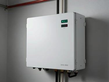 Residential battery storage unit wall-mounted in a utility room, rectangular white enclosure with status LED indicators, technical conduit connections visible, studio strobe side-lighting showing panel seams and labeling