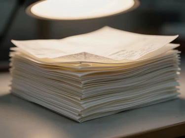 Close macro shot of a folded tissue paper stack, soft texture visible under warm overhead facility light, multiple layers fanned slightly, facility table surface underneath