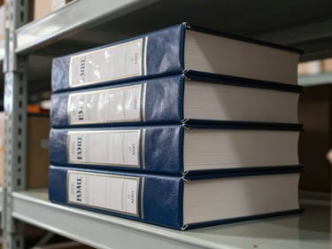 Side-angle view of thick hardbound registers stacked three high on a warehouse shelf, spines facing camera, facility shelving extending behind them, natural light from a high window grazing the covers