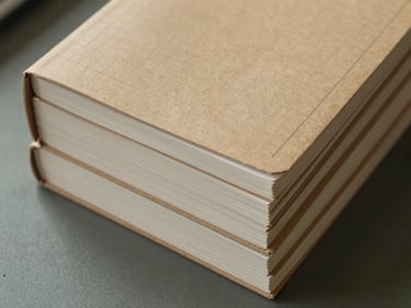 Close overhead shot of a stack of ruled notebooks bound in kraft-toned covers, edges aligned precisely, facility floor visible in soft focus beneath, overhead industrial light picking out paper texture