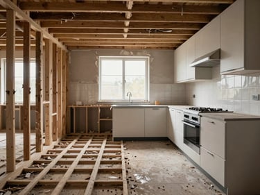Wide environmental shot of a gutted kitchen transitioning to finished state, left half showing exposed studs and subfloor, right half showing completed cabinetry and tile, diffused daylight through a window at center
