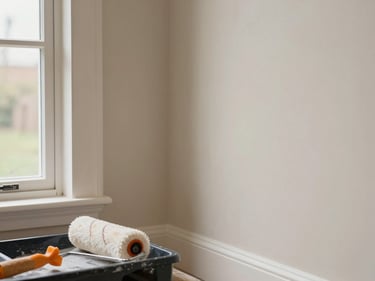 Tight shot of a freshly painted interior wall corner, clean cut-in line where warm white meets trim, natural daylight from a window to the left, paint roller resting on a tray in the foreground