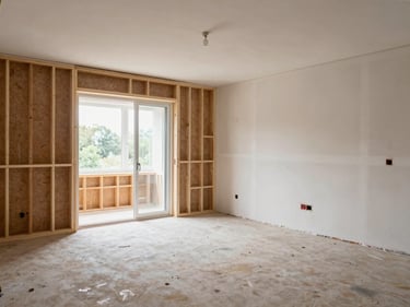 Wide environmental shot of an interior room mid-remodel, new framing on one wall and finished drywall on the opposite, natural daylight through an open window, work in clear visible progress