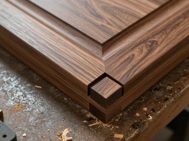 Overhead close-up study of a custom hardwood door joint on a workbench, visible mortise-and-tenon joinery, fine grain of walnut, diffused workshop light, sawdust at the edges of the frame